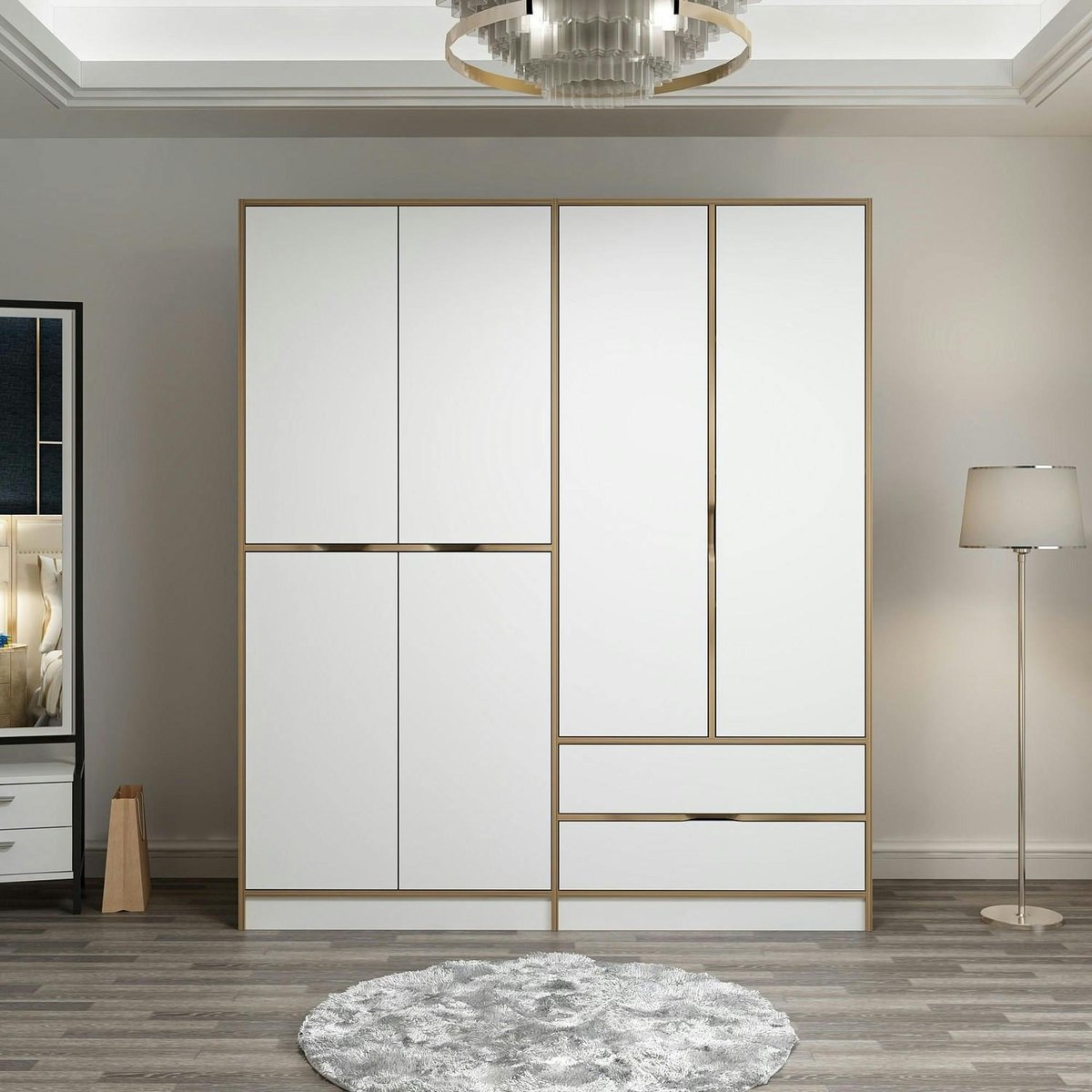 Armoire penderie 6 portes, 2 tiroirs BYRON blanc, PIER IMPORT
