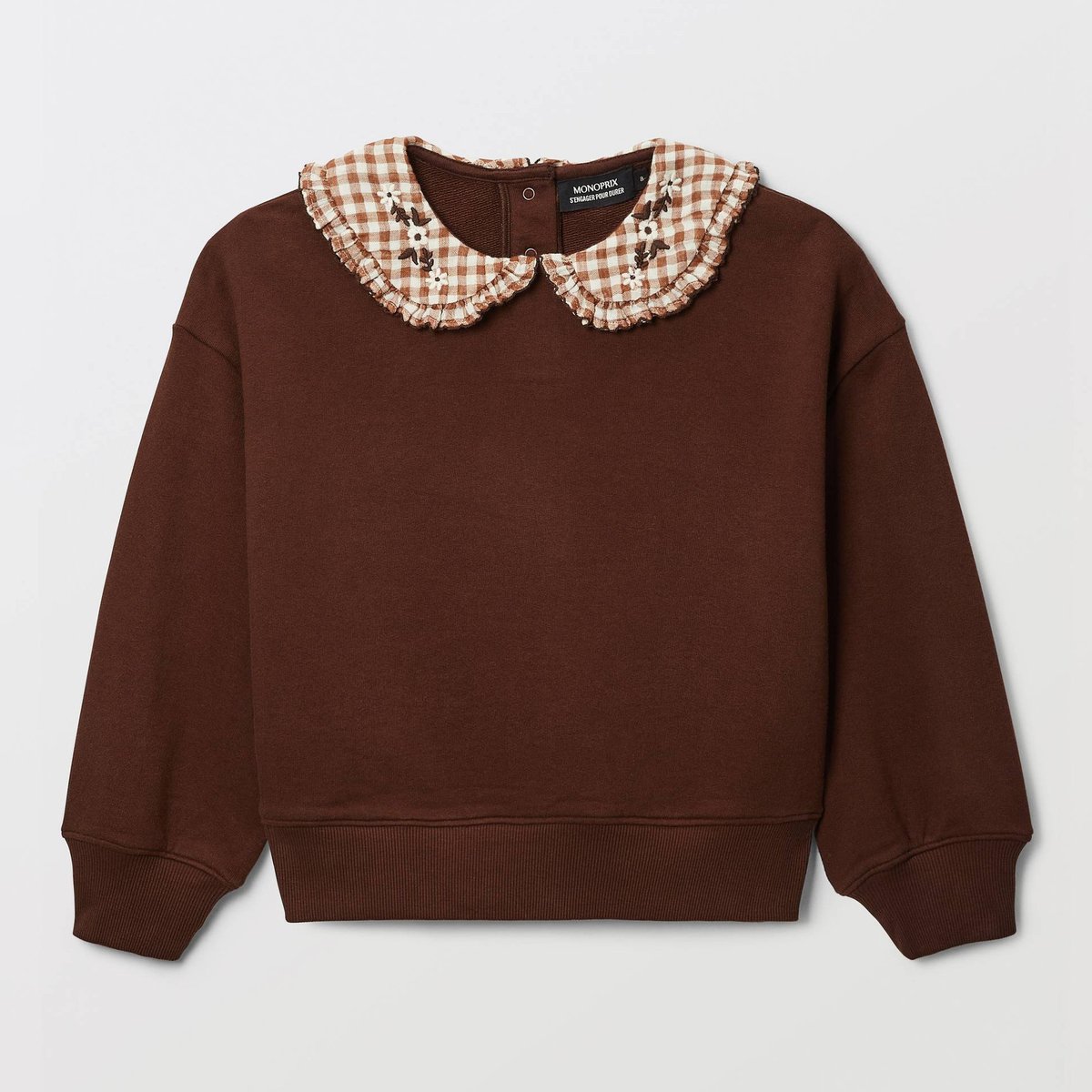 Sweat uni col claudine vichy en coton pudding, MONOPRIX