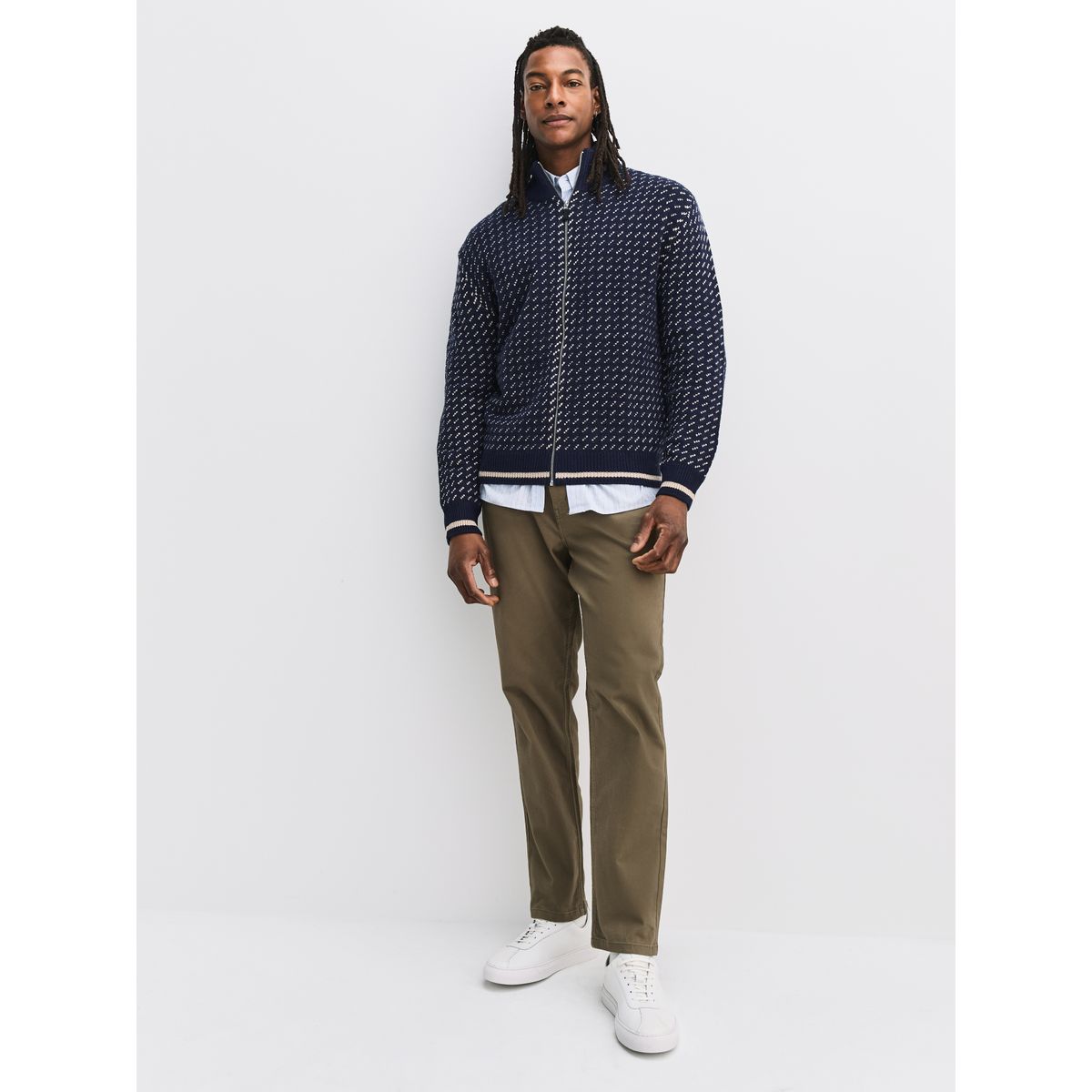 Cardigan zippé décontracté en laine blanc crème/bleu marine, NEXT