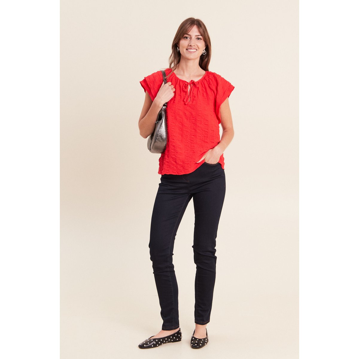 Blouse col v manches courtes fluide rouge, BREAL
