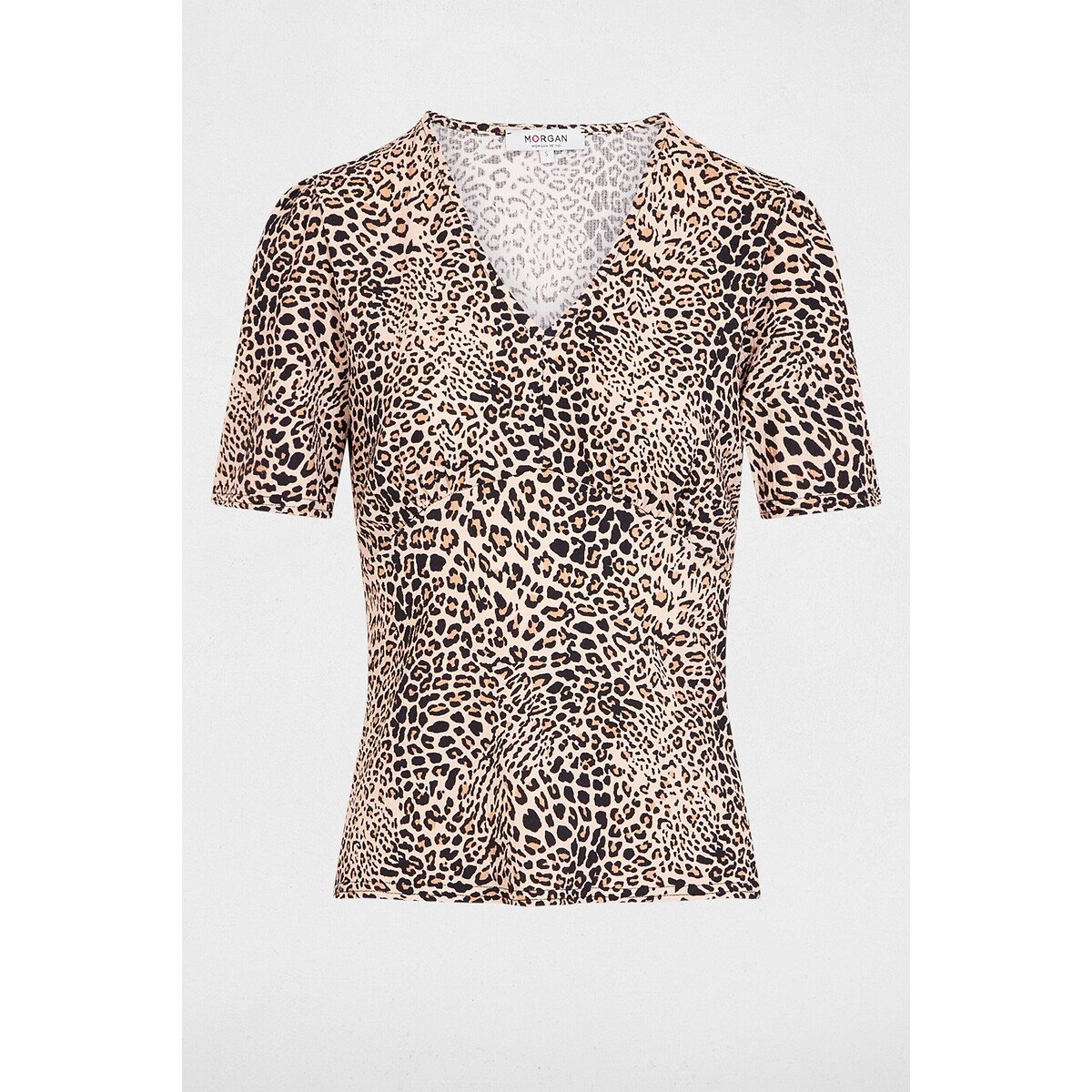 Bedrukte blouse met korte mouwen en V-hals luipaardprint, MORGAN