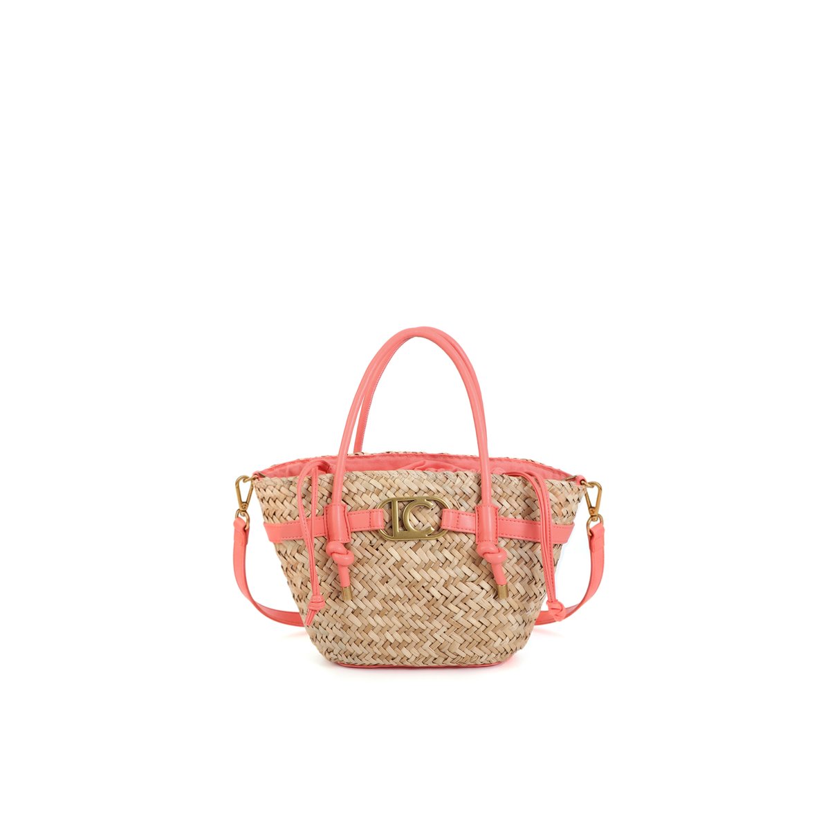 Mini panier tressé avec poignées et détails effet cuir rose, LOLA CASADEMUNT