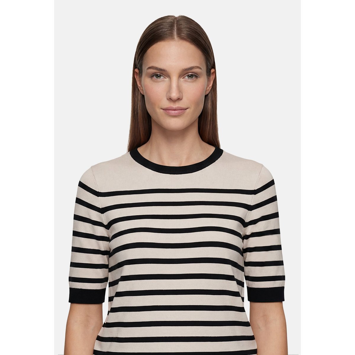 Pull-over en fine maille manches courtes patch beige/black, BETTY BARCLAY