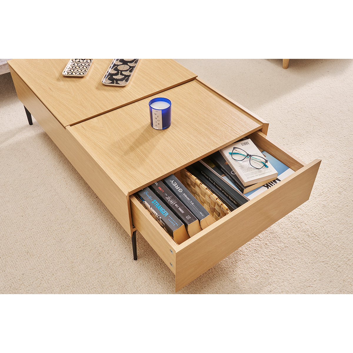 Table basse relevable rectangulaire bois clair finition chêne et métal noir L103 cm SEDA naturel, MILIBOO