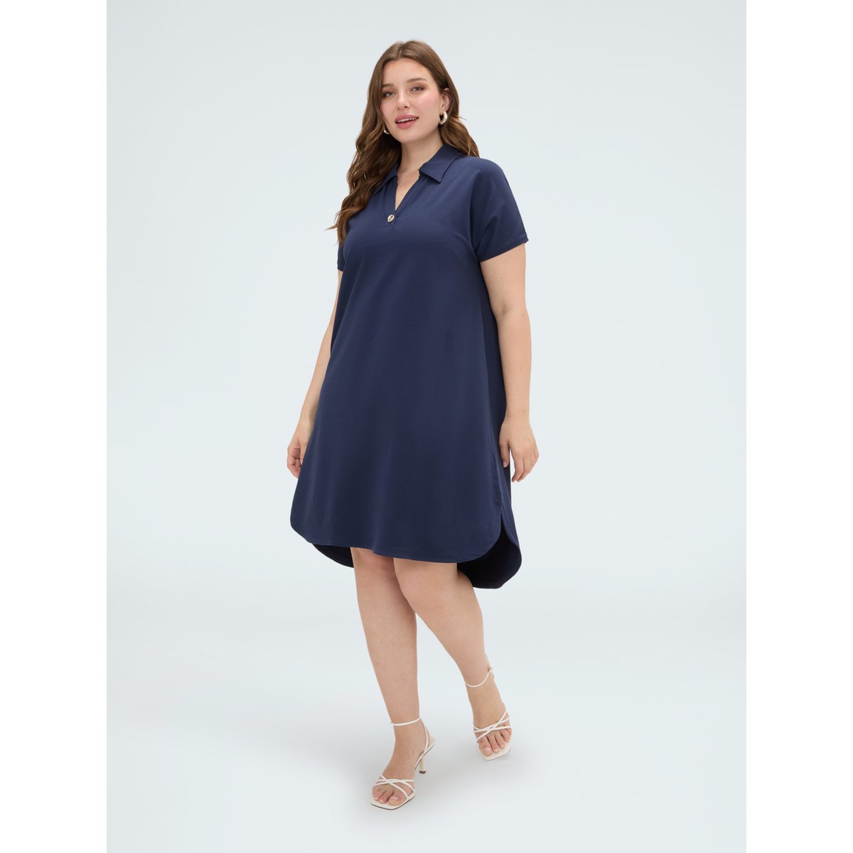 Robe avec col polo et bouton bijou bleu, FIORELLA RUBINO
