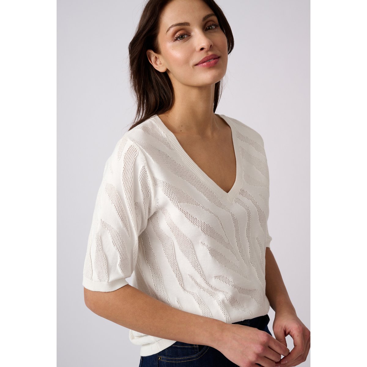 Pull jeu de maille motif zébré blanc cassé, DAMART