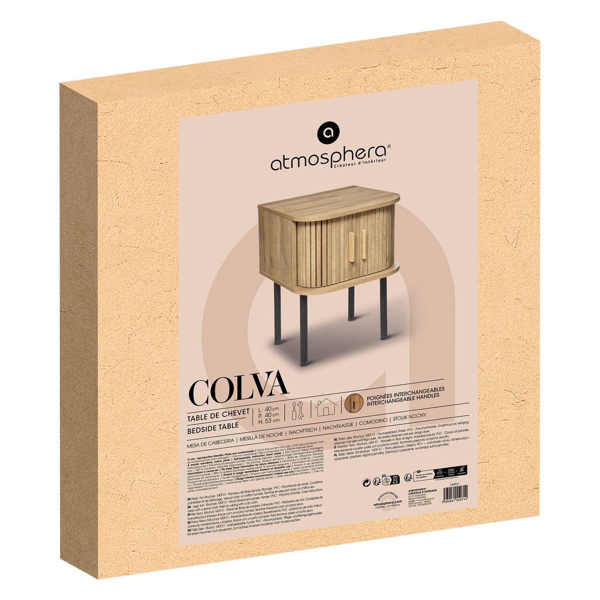 Table de chevet 2 portes coulissantes effet chêne COLVA beige, ATMOSPHERA