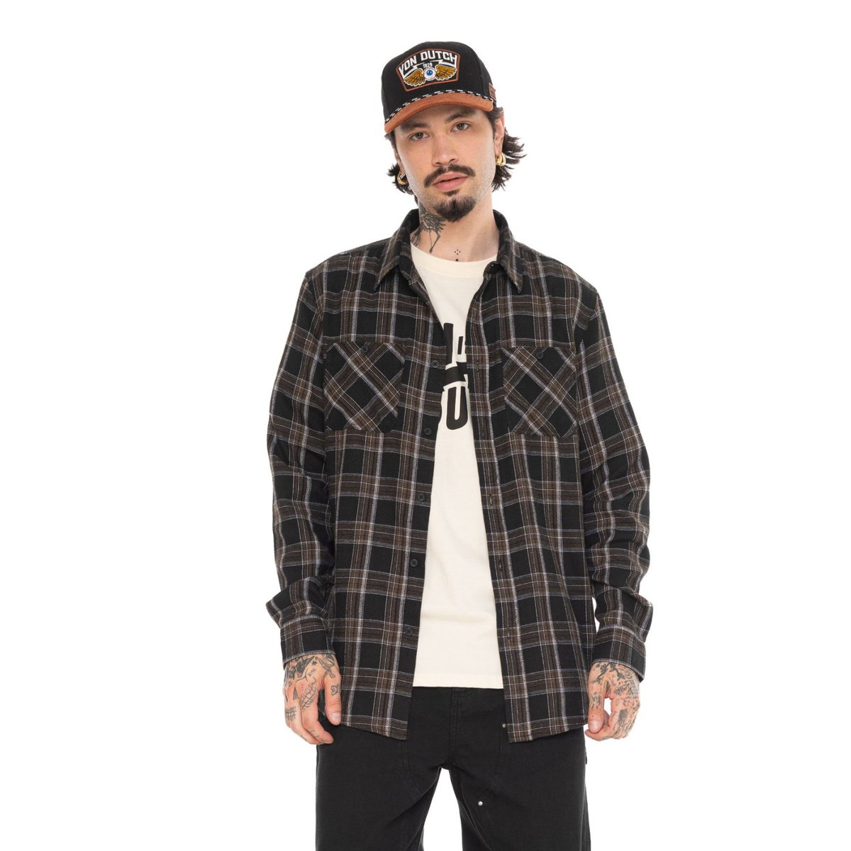 Chemise à carreaux Jack noir/blanc/marron, VON DUTCH