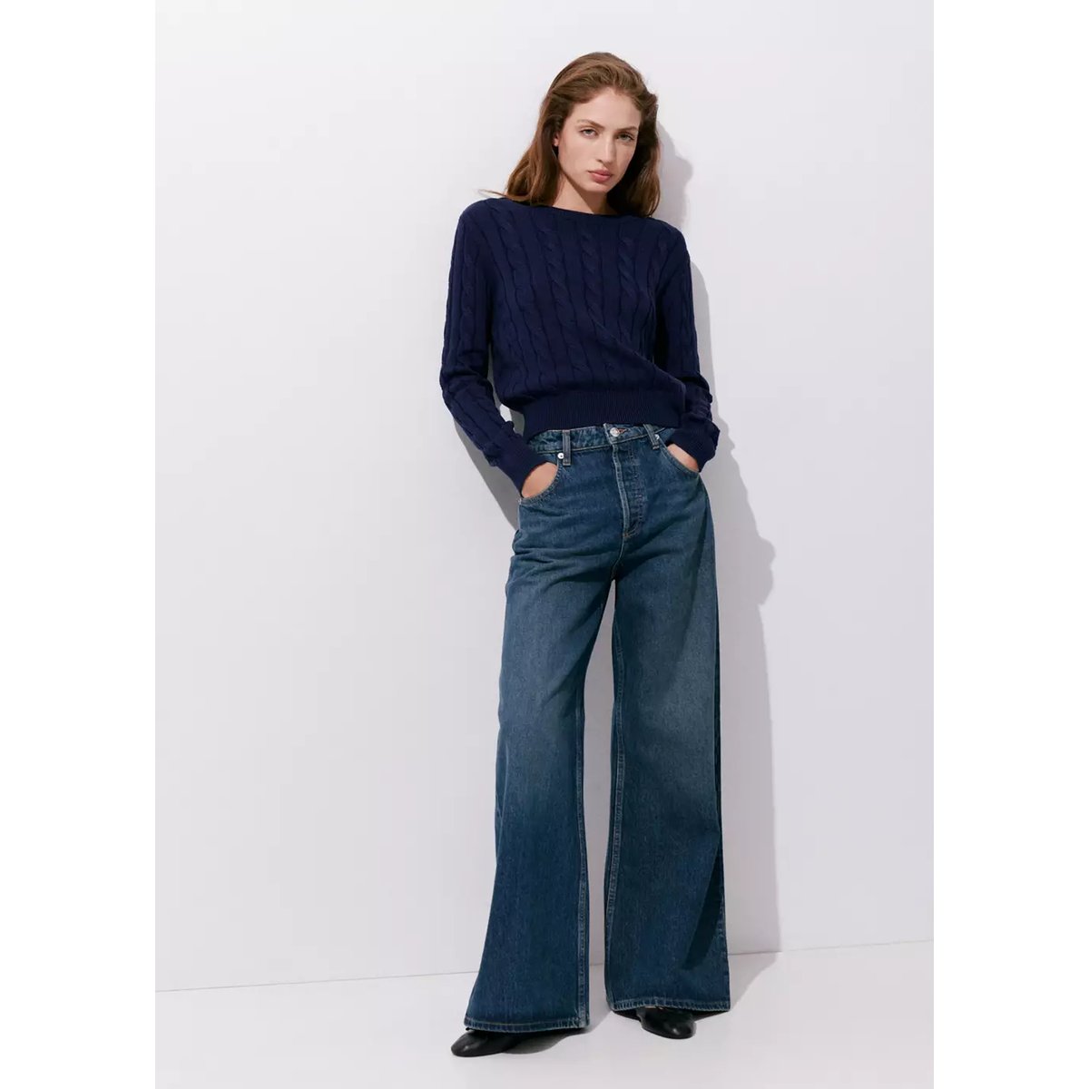 Pull-over maille tressée bleu marine foncé, MANGO