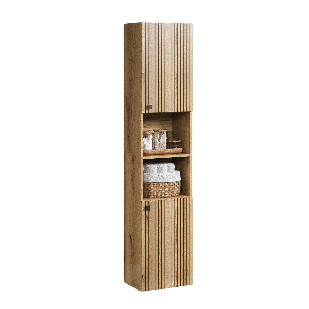 Colonne de salle de bain rainurée 2 portes, 2 niches H186 cm - PUREBLISS chêne blond et noir mat, CALICOSY