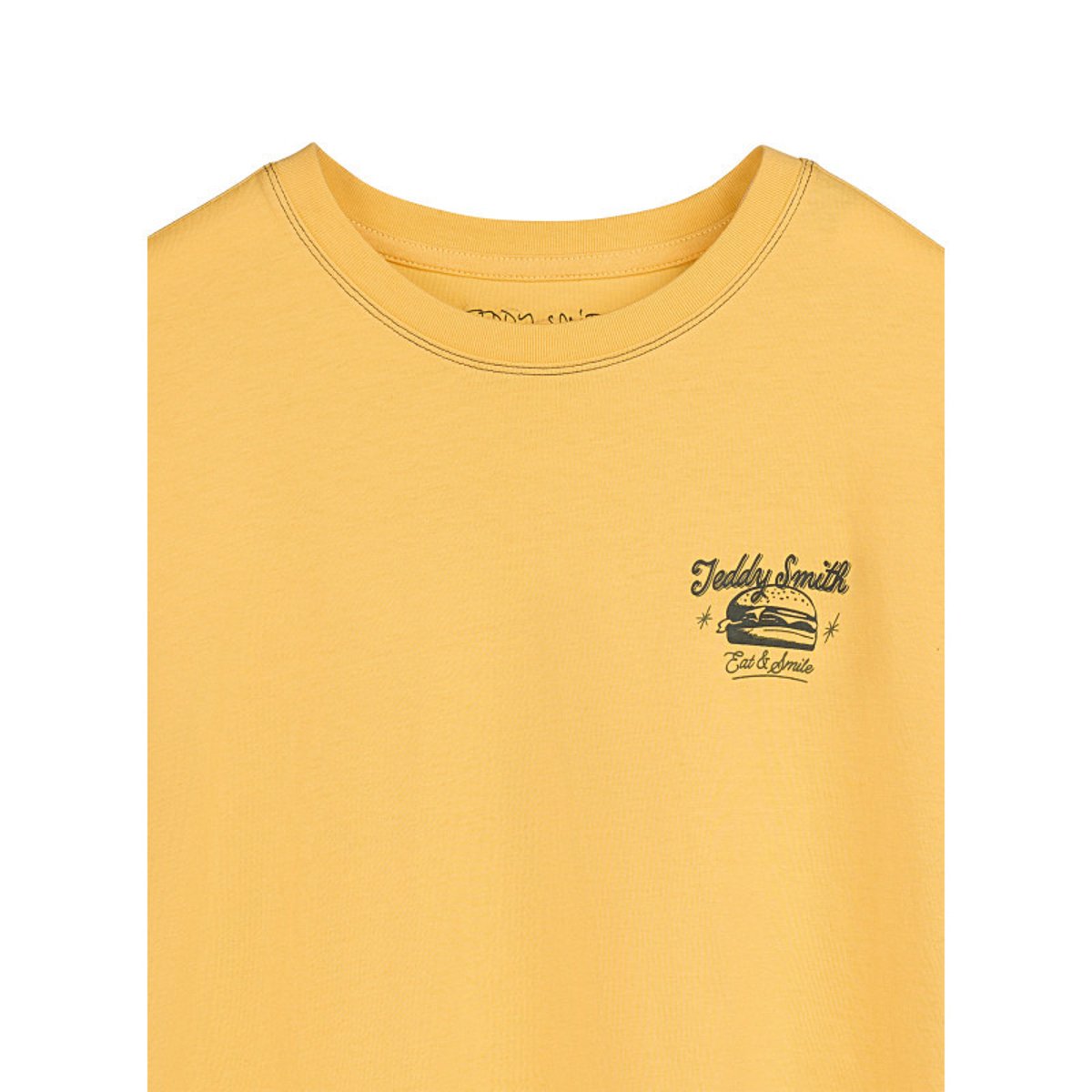 T-shirt en coton jaune à col rond imprimé hamburger à la poitrine et au dos jaune, TEDDY SMITH