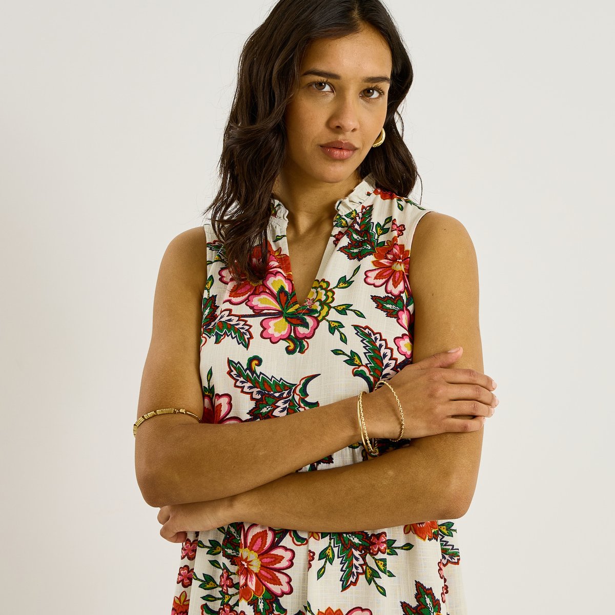 Robe longue sans manches imprimé floral blanc cassé ecru, GRAIN DE MALICE
