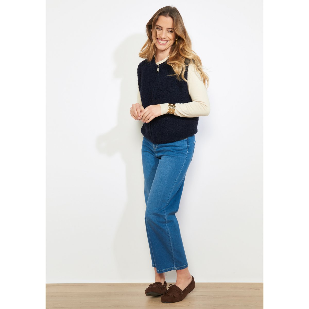 Gilet zippé effet moutonné bleu marine, LOLALIZA