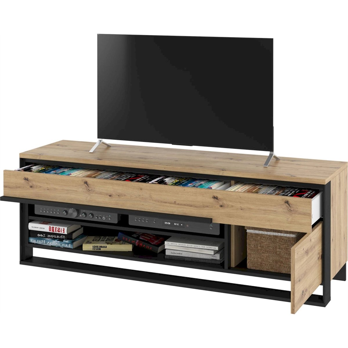 Meuble tv en bois collection QUANT chêne artisan et noir, RECOLLECTION