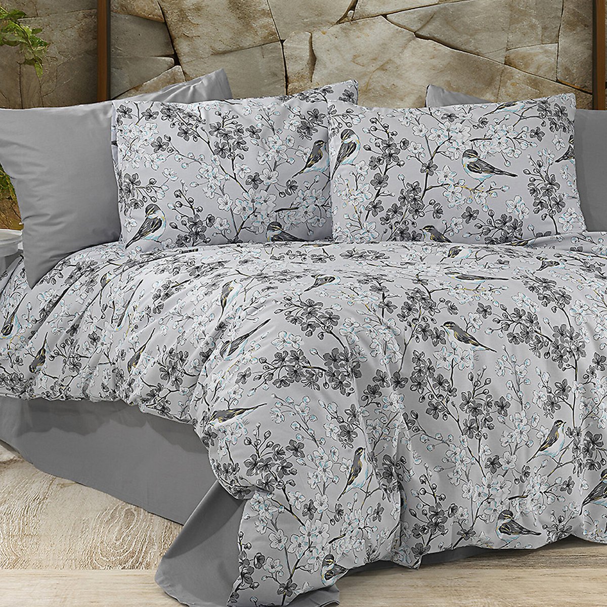 Paure de couette et tai(e) coton imprimé, petalia gris gris, C DESIGN HOME TEXTILE