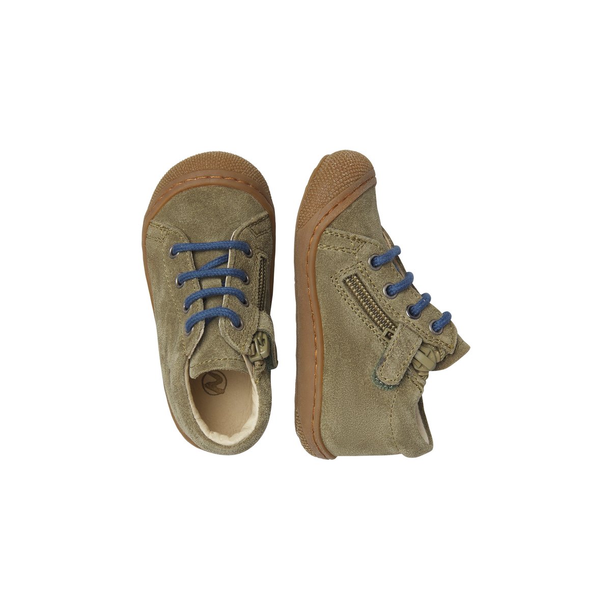 Chaussures premiers pas en suède avec fermeture éclair COCOON ZIP kaki-bleu, NATURINO