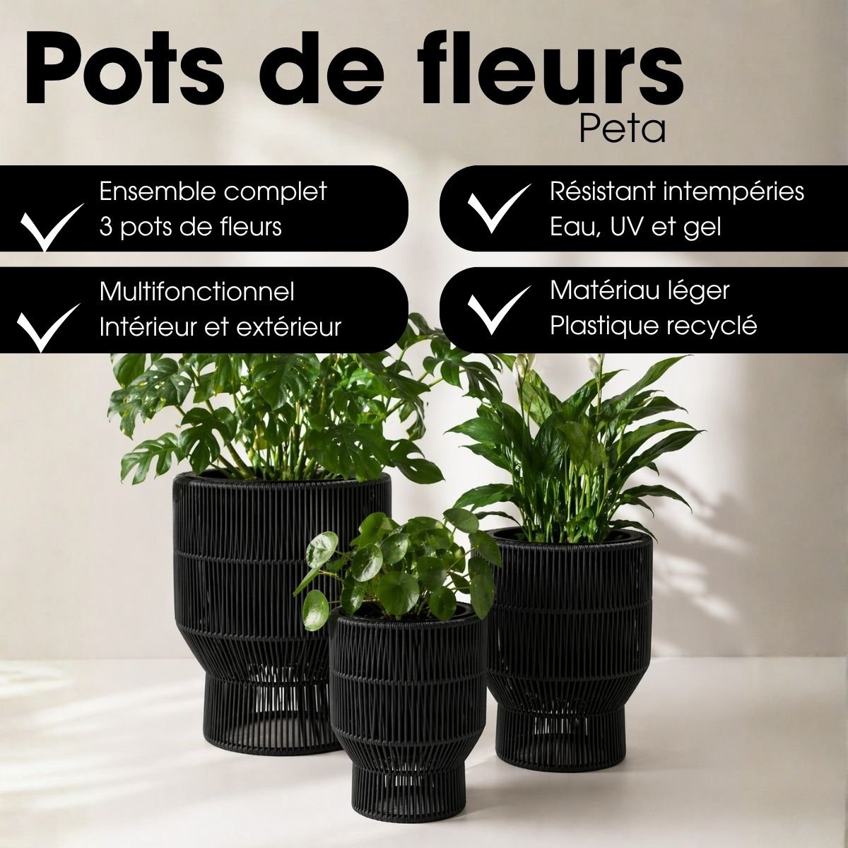 Cache-pot extérieur PETA noir, MICA DECORATIONS