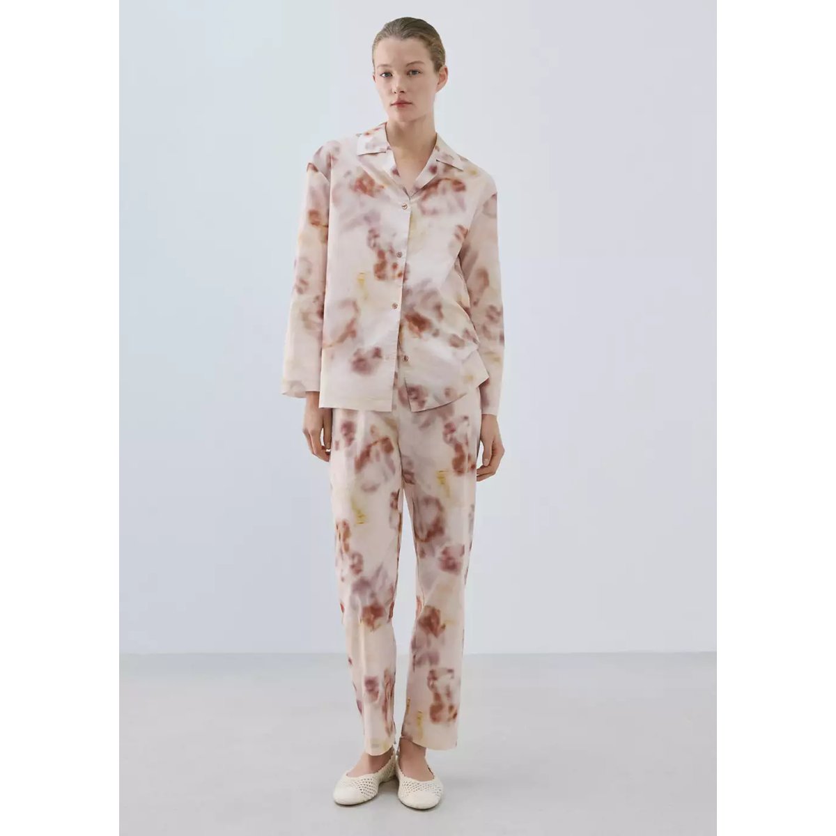 Pantalon de pyjama en coton imprimé aquarelle marron, MANGO