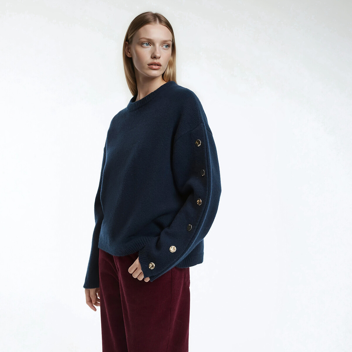 Knitted Wool Jumper with Crew Neck navy blue, LA REDOUTE COLLECTIONS