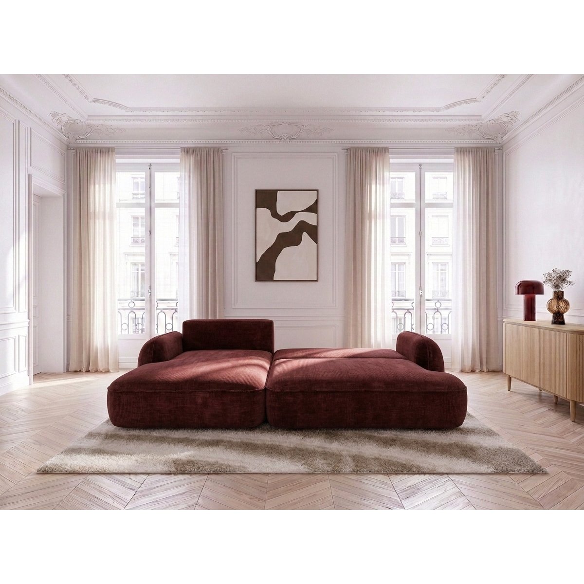 Canapé d'angle convertible 3 places en tissu lisse, CELESTE rouge, BOBOCHIC