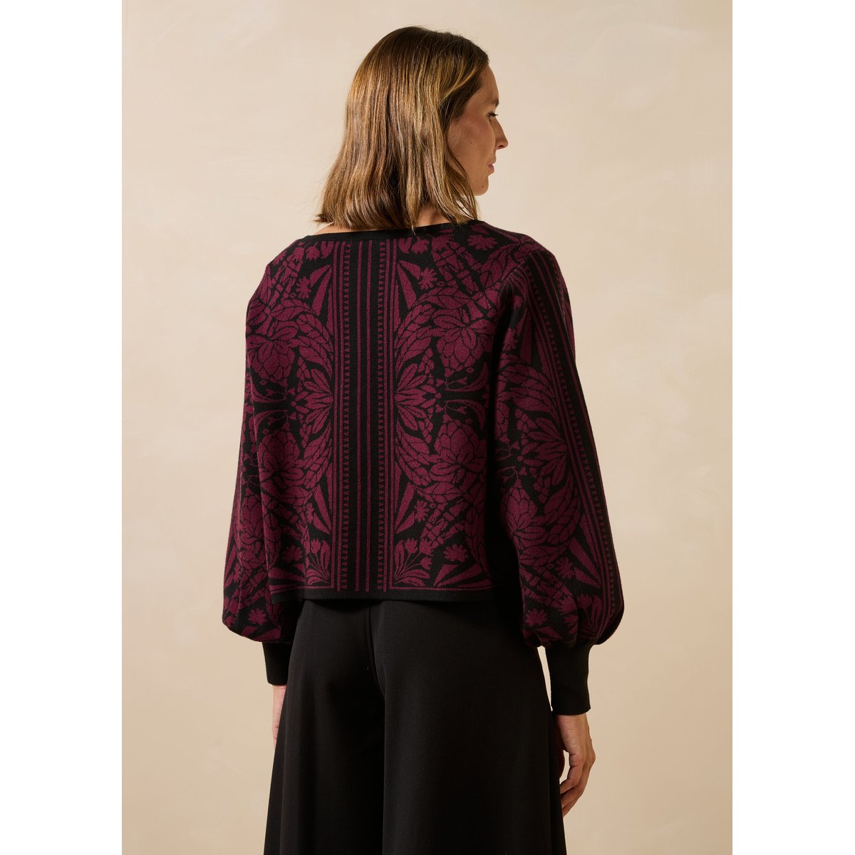 Pull en maille jacquard bicolore noir/aubergine, LA FEE MARABOUTEE
