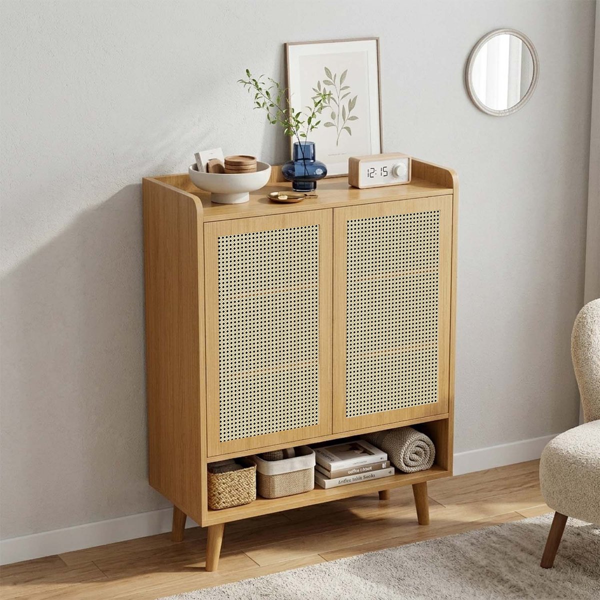 Armoire de rangement avec 2 portes 7 couches Imitation chêne scandinave, MELVINB2 chêne, MEUBLES COSY