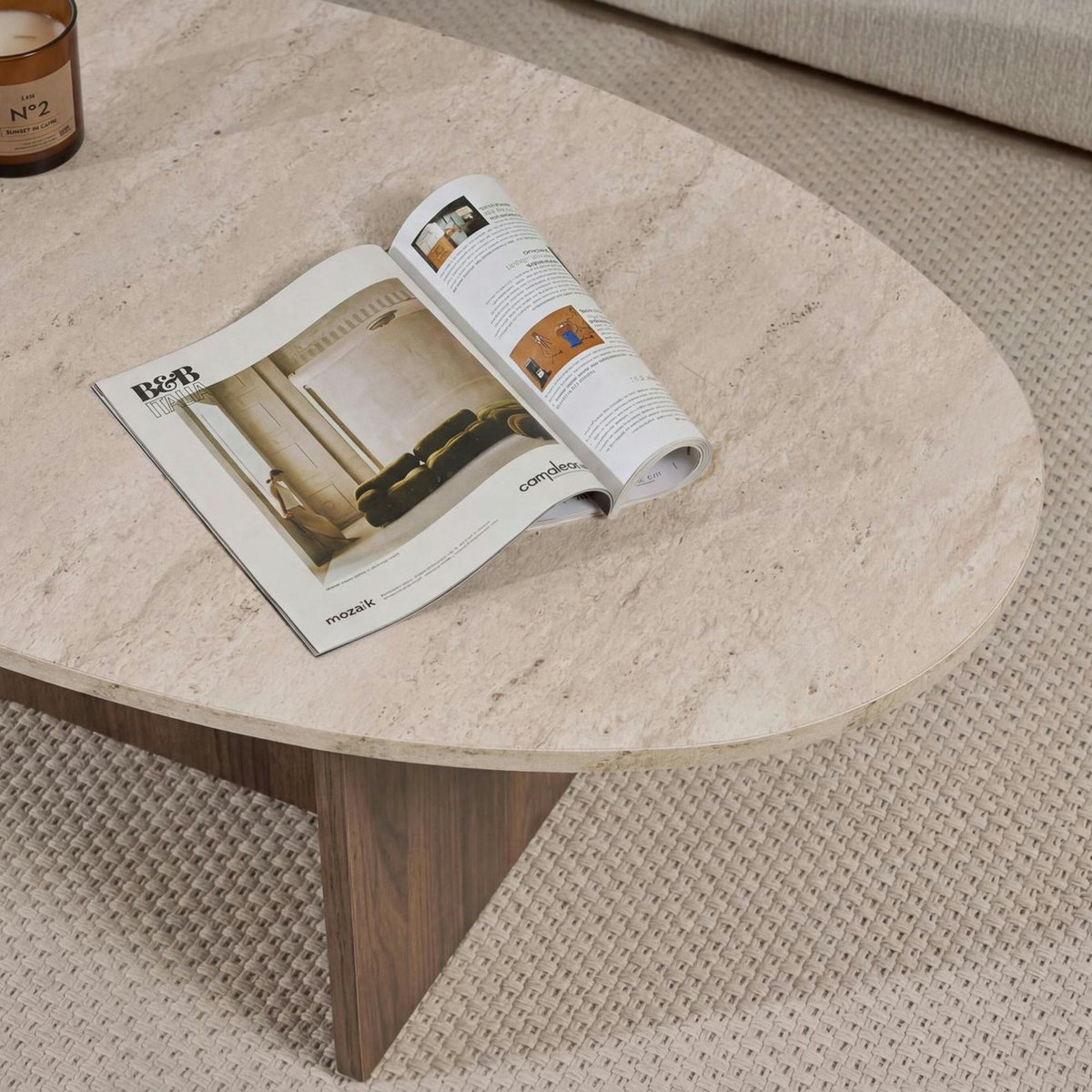 Table basse ovale organique décor travertin et noyer MARFA beige, PIER IMPORT