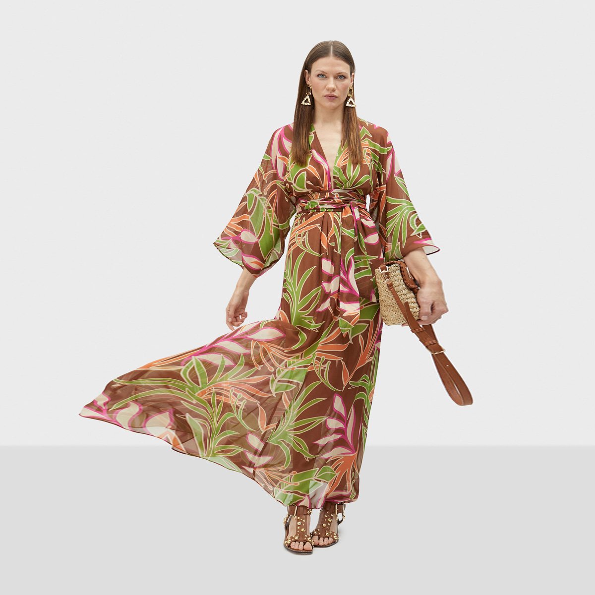 Robe longue fluide à manches longues marron, LOLA CASADEMUNT
