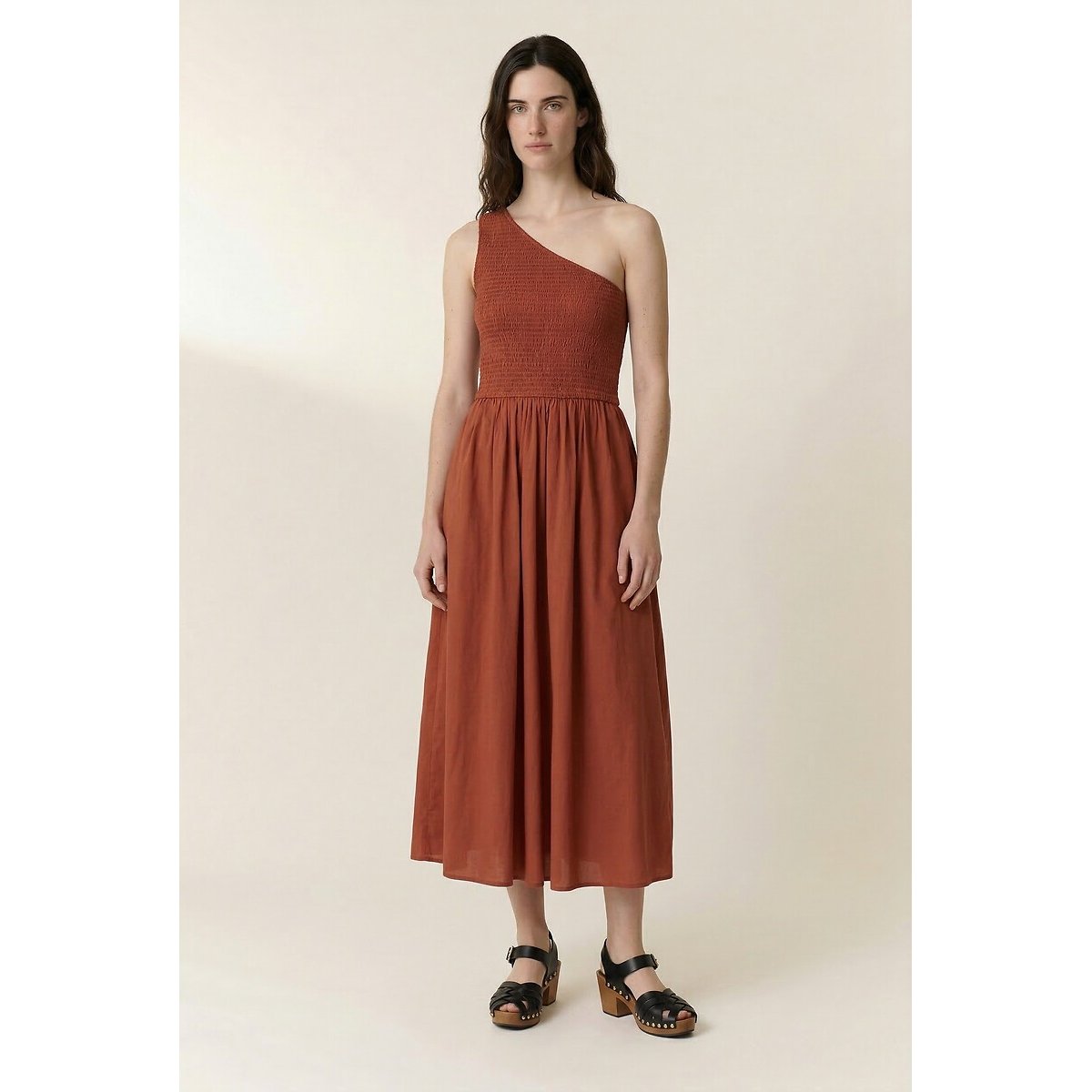 Rahul Asymmetric Midi Dress with Smocked Detail terracotta, LEON & HARPER