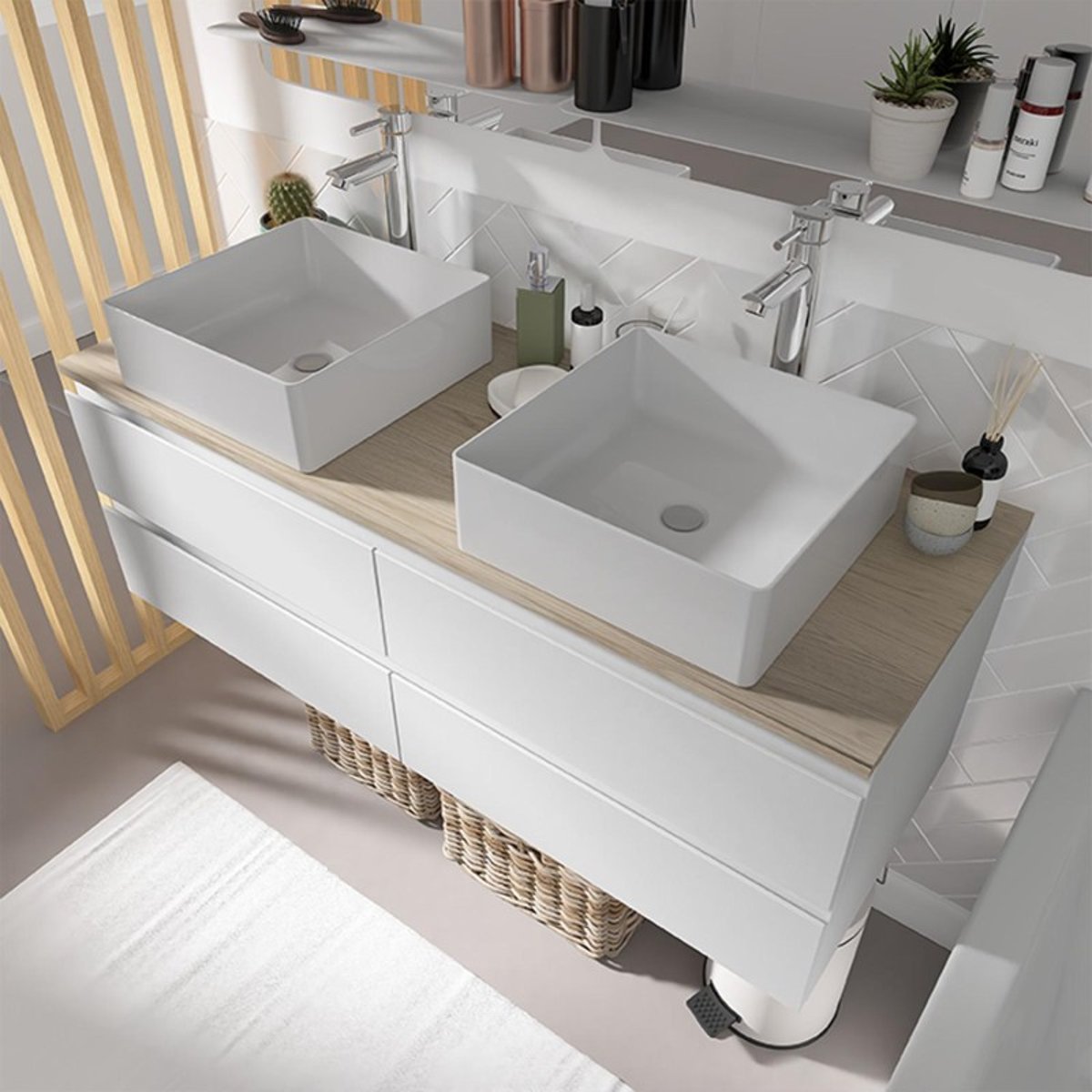 Ensemble meuble double vasque 120cm + robinet + miroir SORRENTO blanc brillant, MOB IN