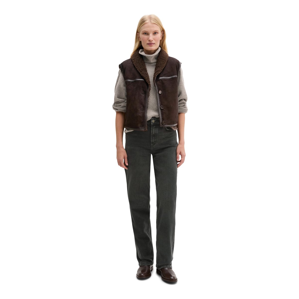 Gilet en cuir coupe classique avec une doublure en peluche imitation fourrure à l'intérieur marron, MARC O'POLO