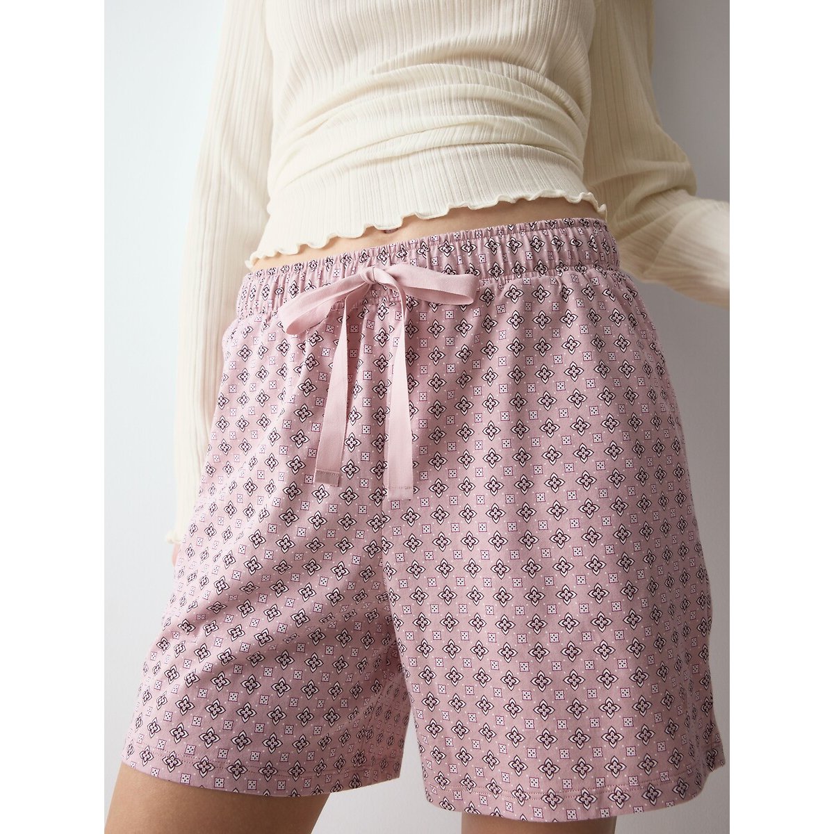 Pigiama in cotone, maglia maniche lunghe e pantaloncini stampati fantasia rosa, TRIUMPH