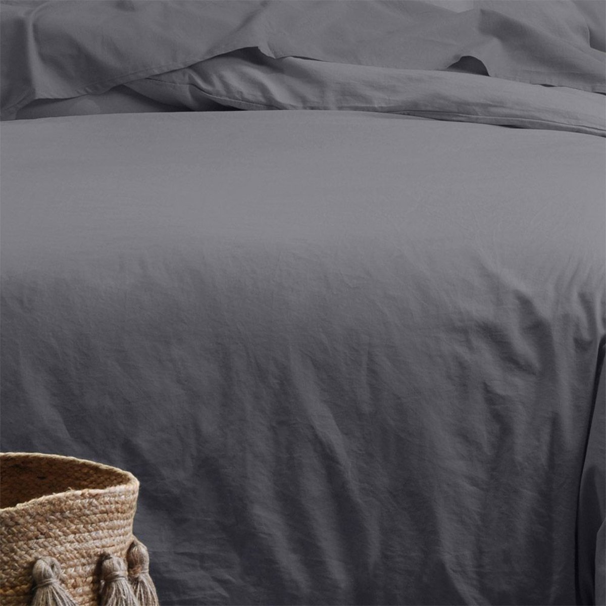 Housse De Couette 240x260 Horizon Lin 100% Coton Bio 57 Fils gris foncé, DECORATIE