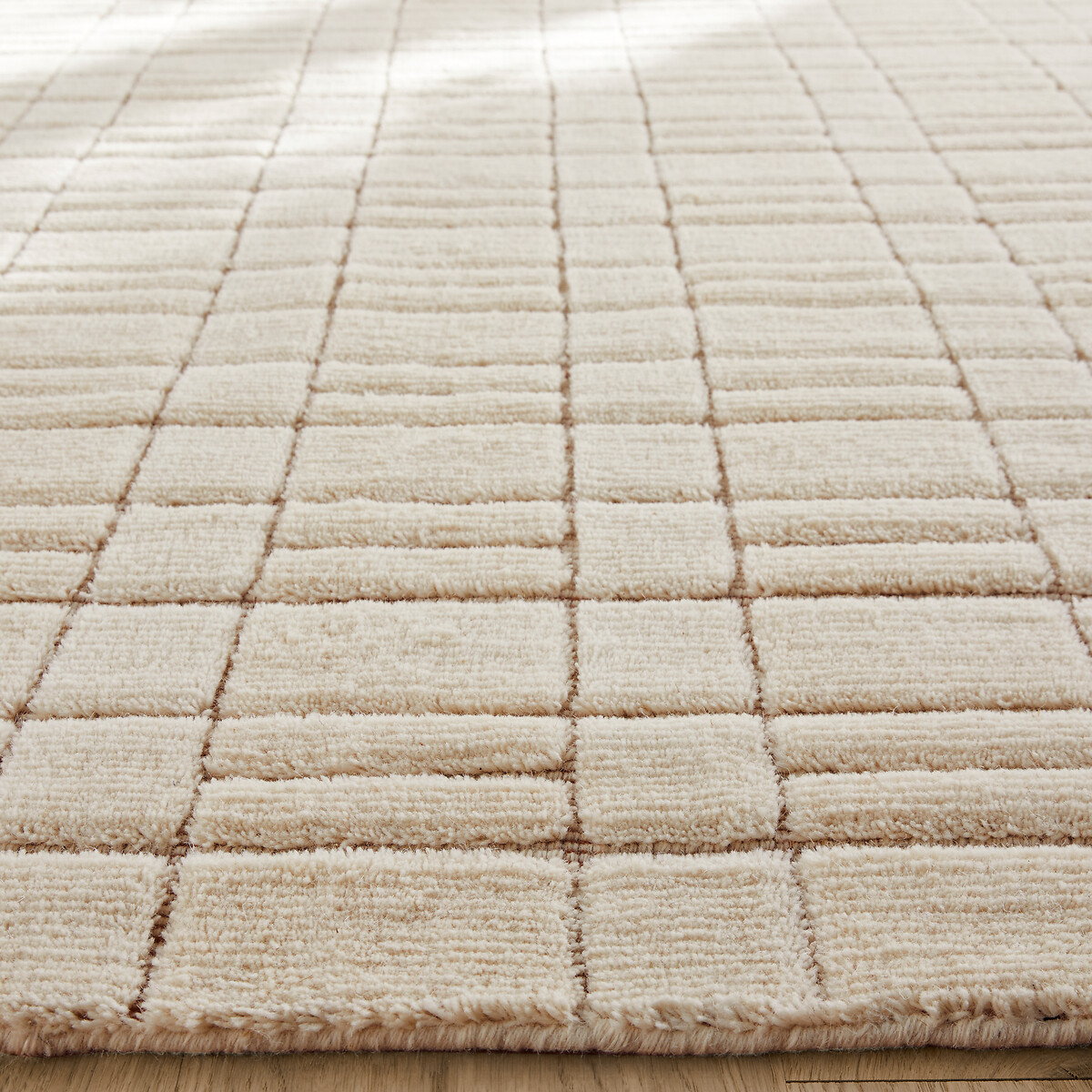 Tapis quadrillé en pure laine, noué main, Mondria ecru, AM.PM