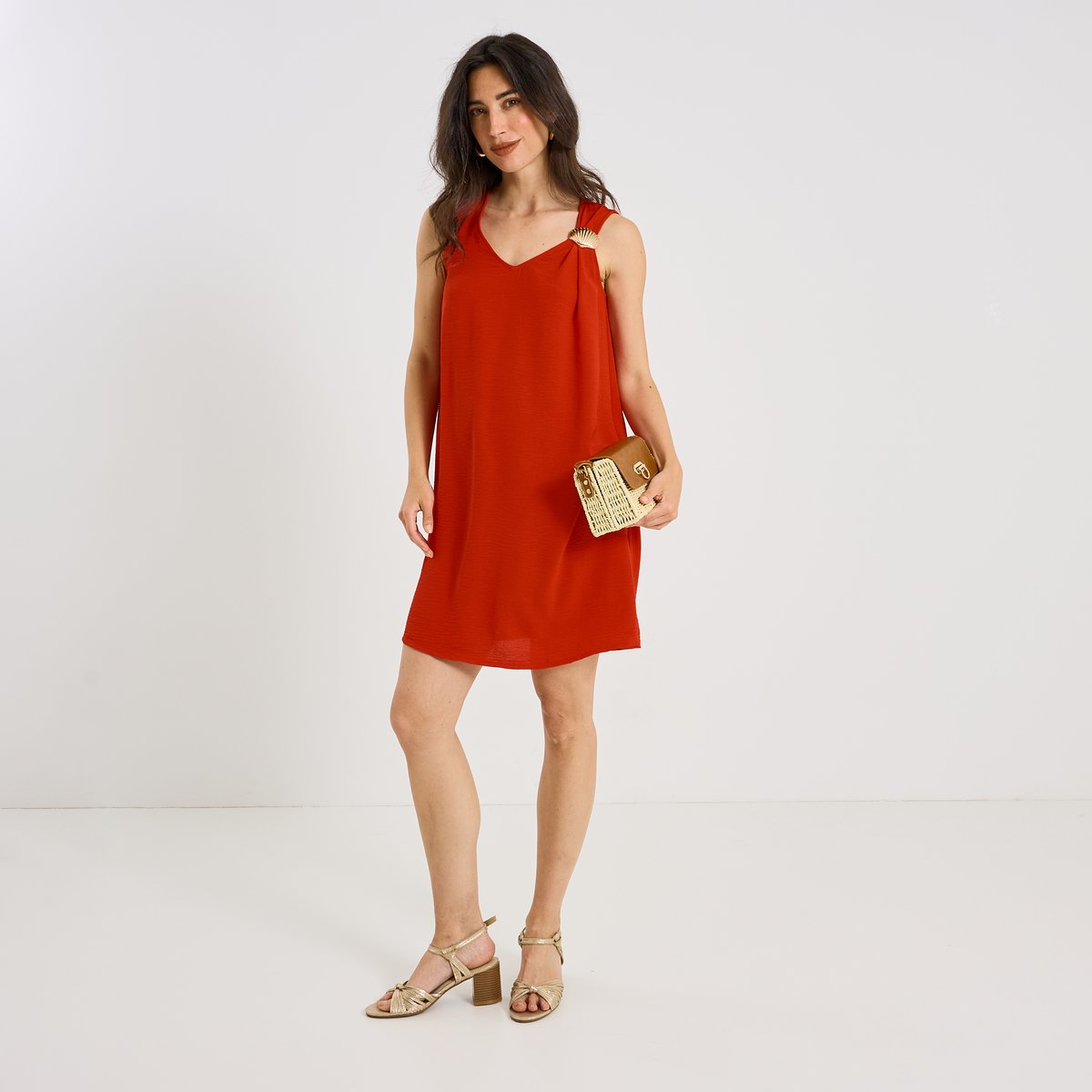 Robe courte fluide détail bijou orange rouge, GRAIN DE MALICE