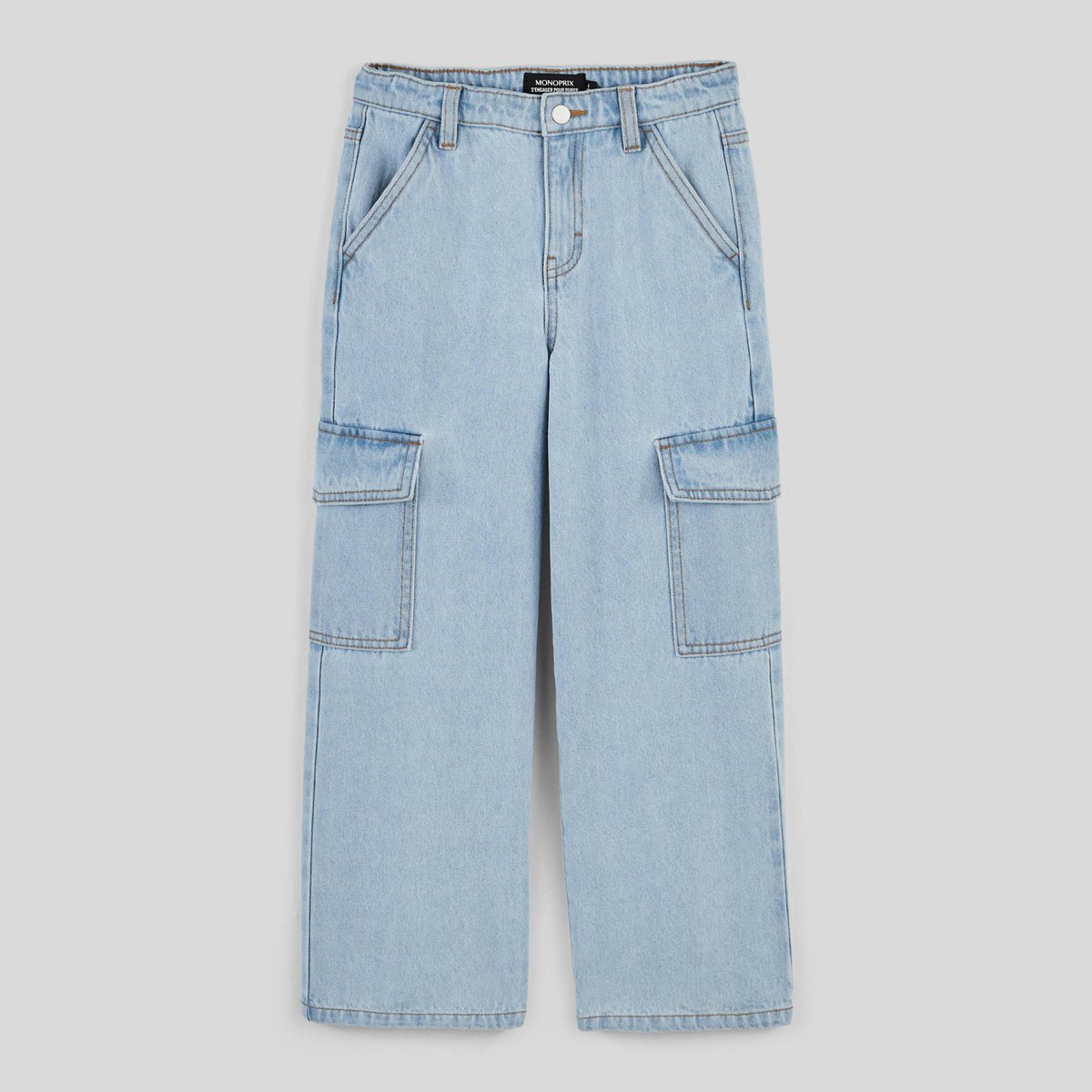Jean cargo en coton BIO bleach denim, MONOPRIX