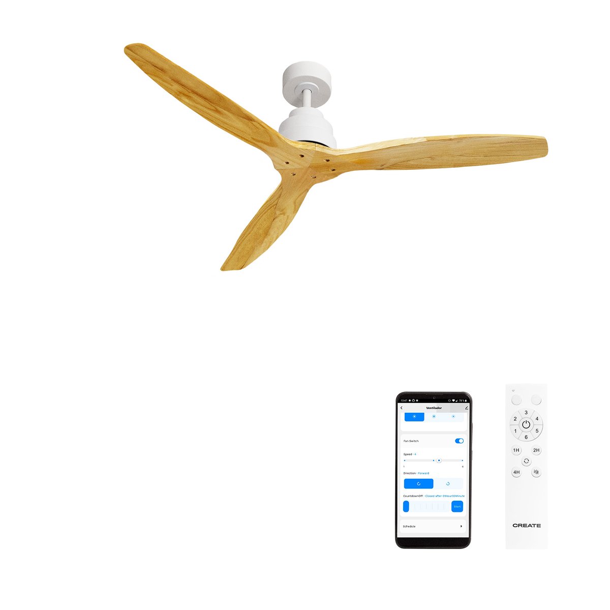 Ventilateur de plafond 40W sans lumière avec Wi-Fi WIND STYLANCE NATURAL WOOD blanc/bois naturel, CREATE