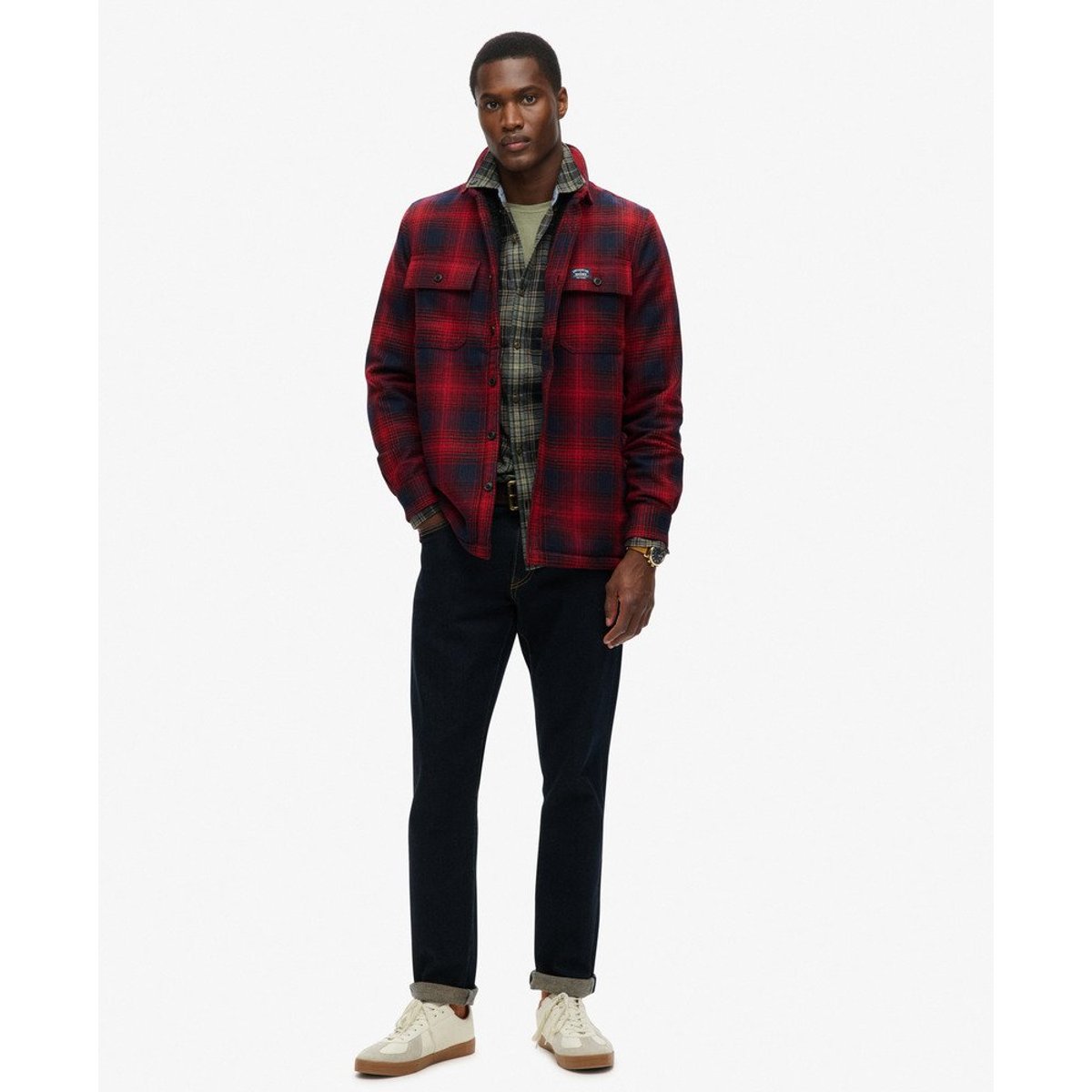 Surchemise zippée en laine à carreaux avec doublure en polaire dégradé rouge over, SUPERDRY