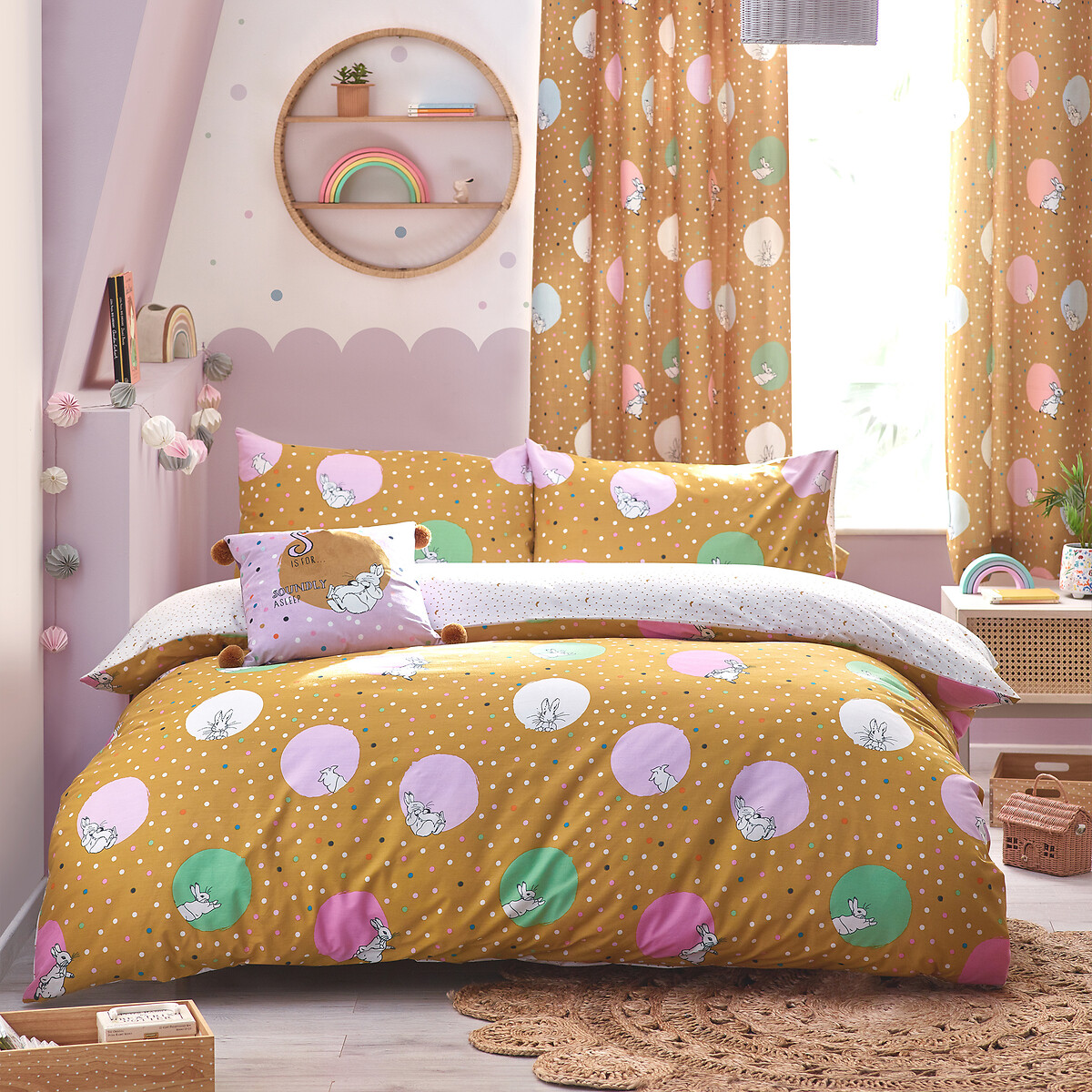Peter Rabbit Dotty Cotton Mix Duvet Cover and Pillowcase Set ochre, PETER RABBIT