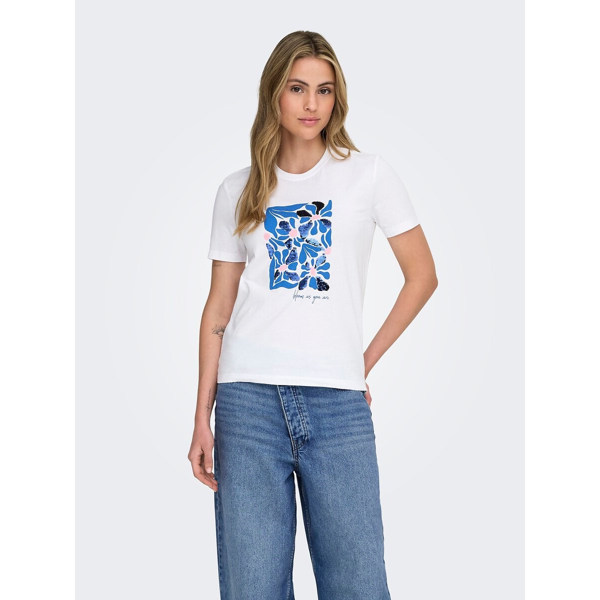 T-shirt imprimé, manches courtes blanc fleuri, ONLY