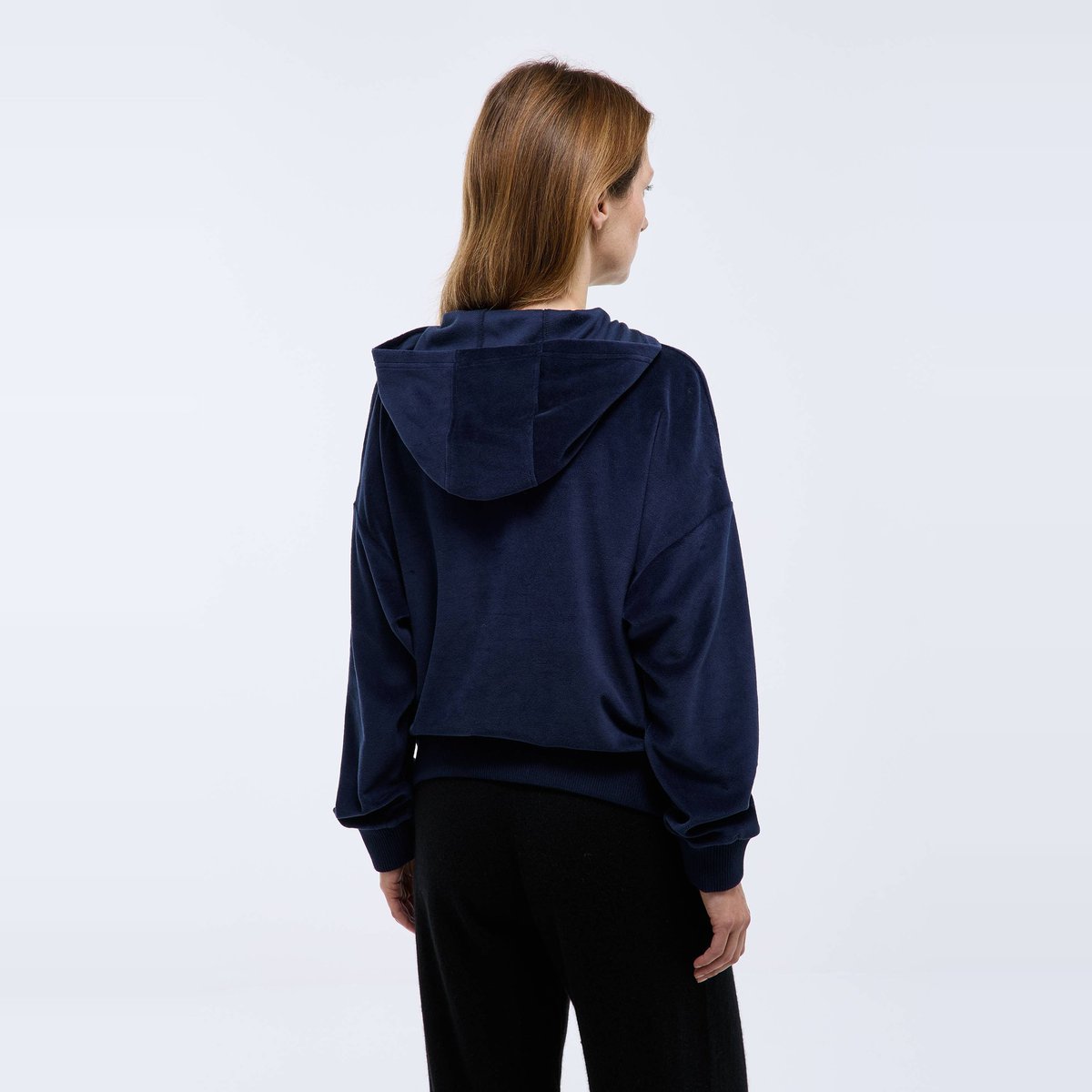 Sweat à capuche uni en velours marine, MONOPRIX