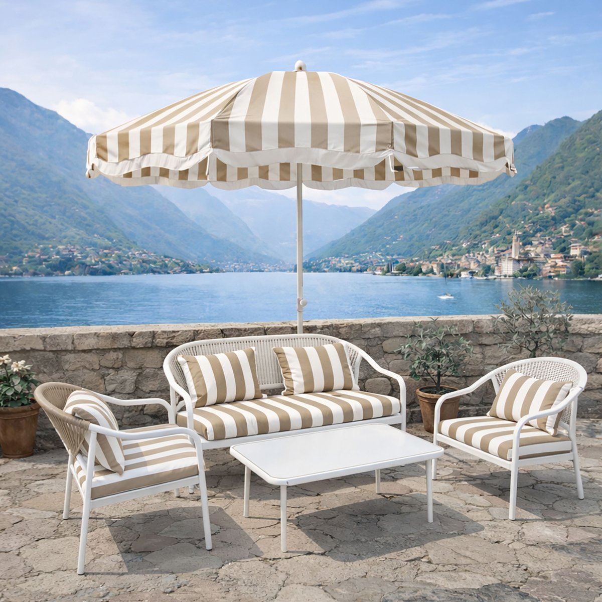 Salon de jardin table basse et 2 fauteuils 1 canapé en métal, POSITANO taupe, NOW'S HOME