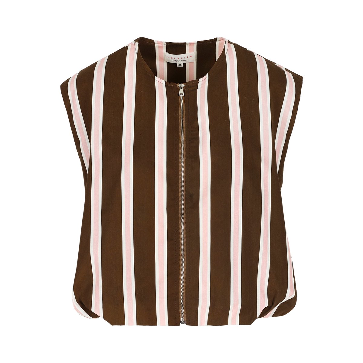 Top sans manches rayé zippé brun fonce chocolate, LOLALIZA