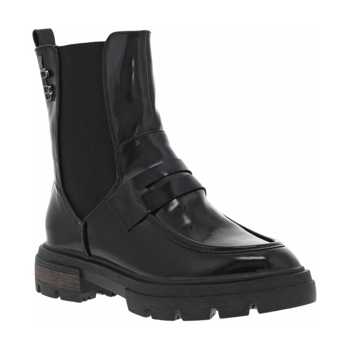 Bottines noires vernies avec bijou noir logotypé collé sur la tige noires, LPB Les P'tites Bombes