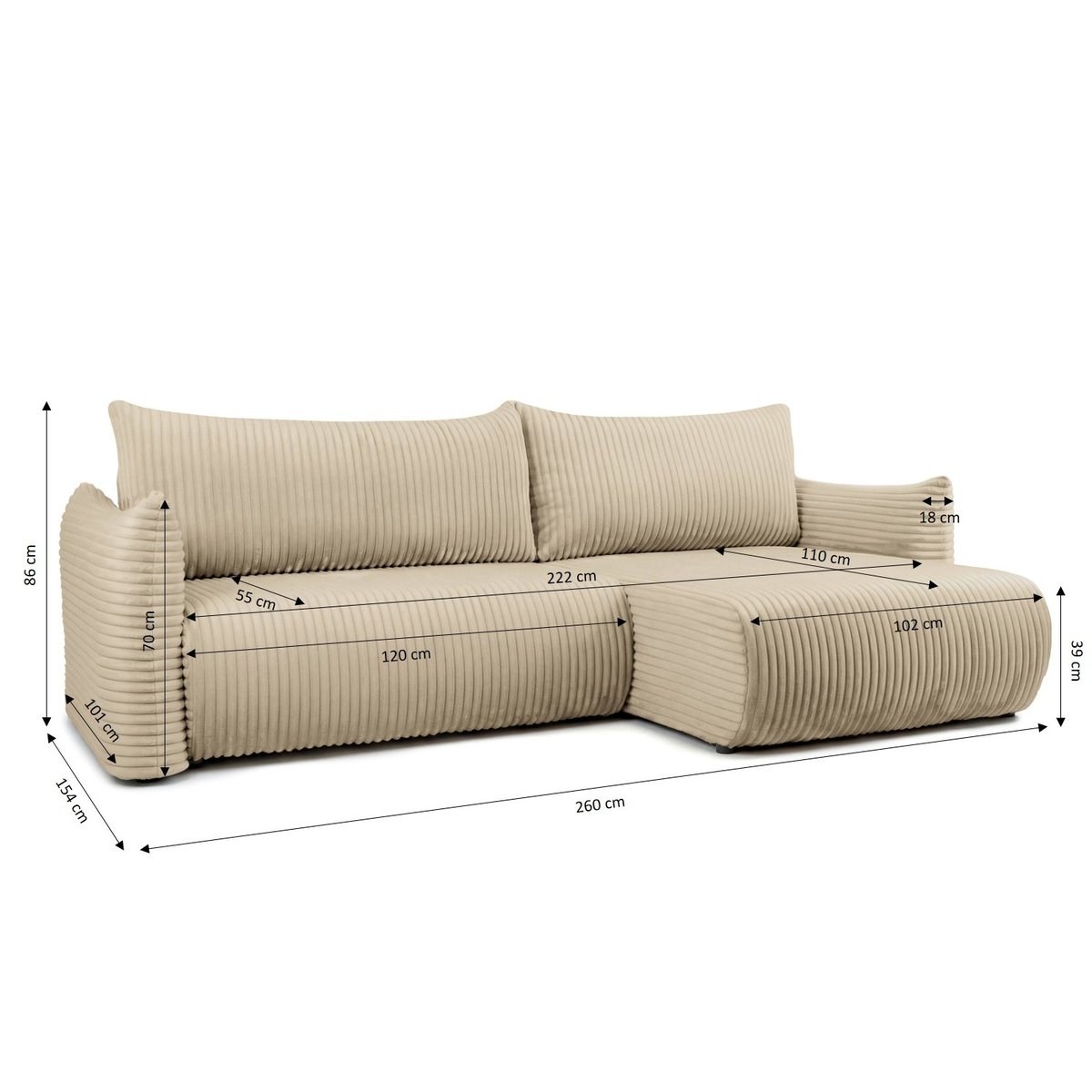 Canapé d'angle convertible velours  GLORIA beige, BAÏTA