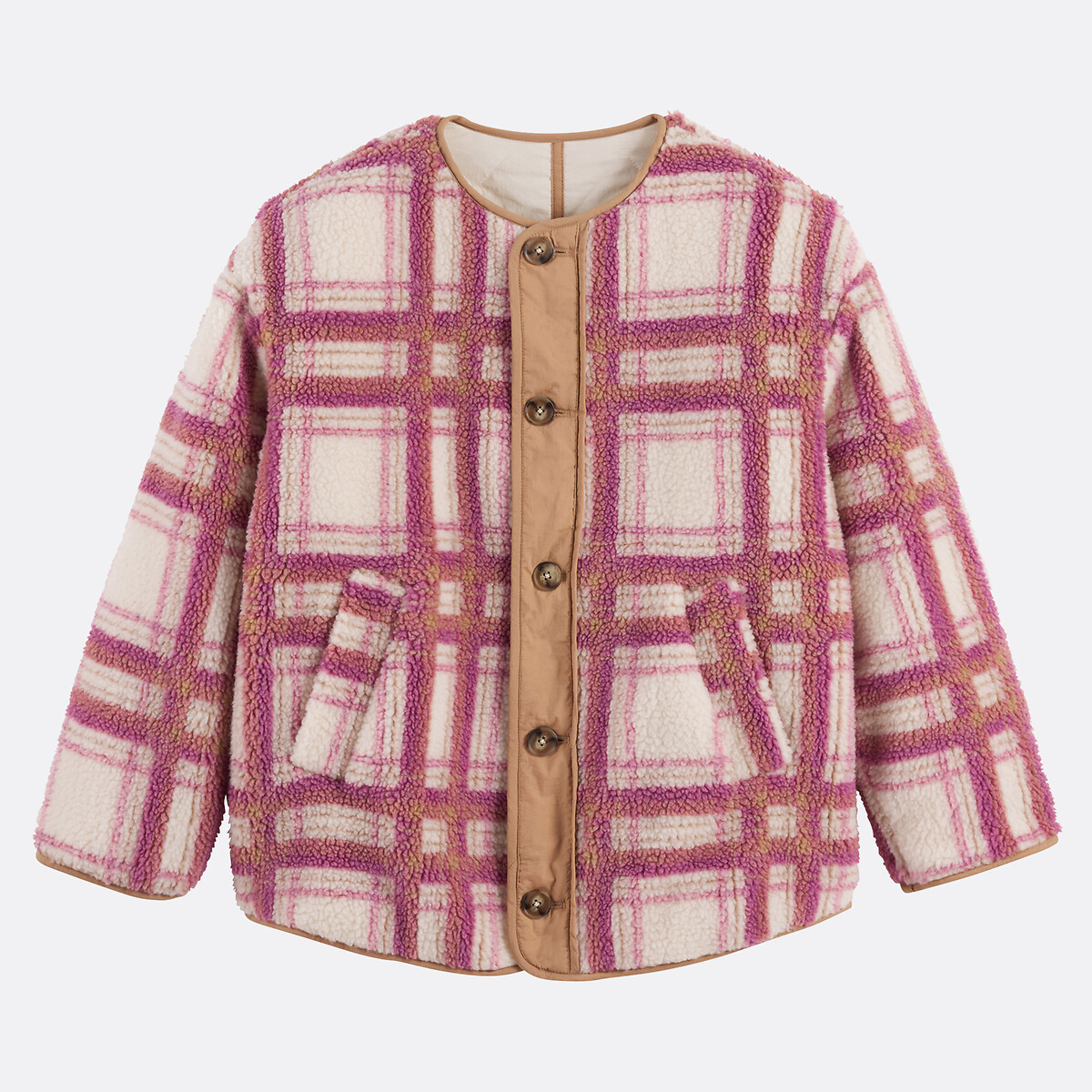 Reversible Quilted Jacket, Plain/Checked pink checks, LA REDOUTE COLLECTIONS