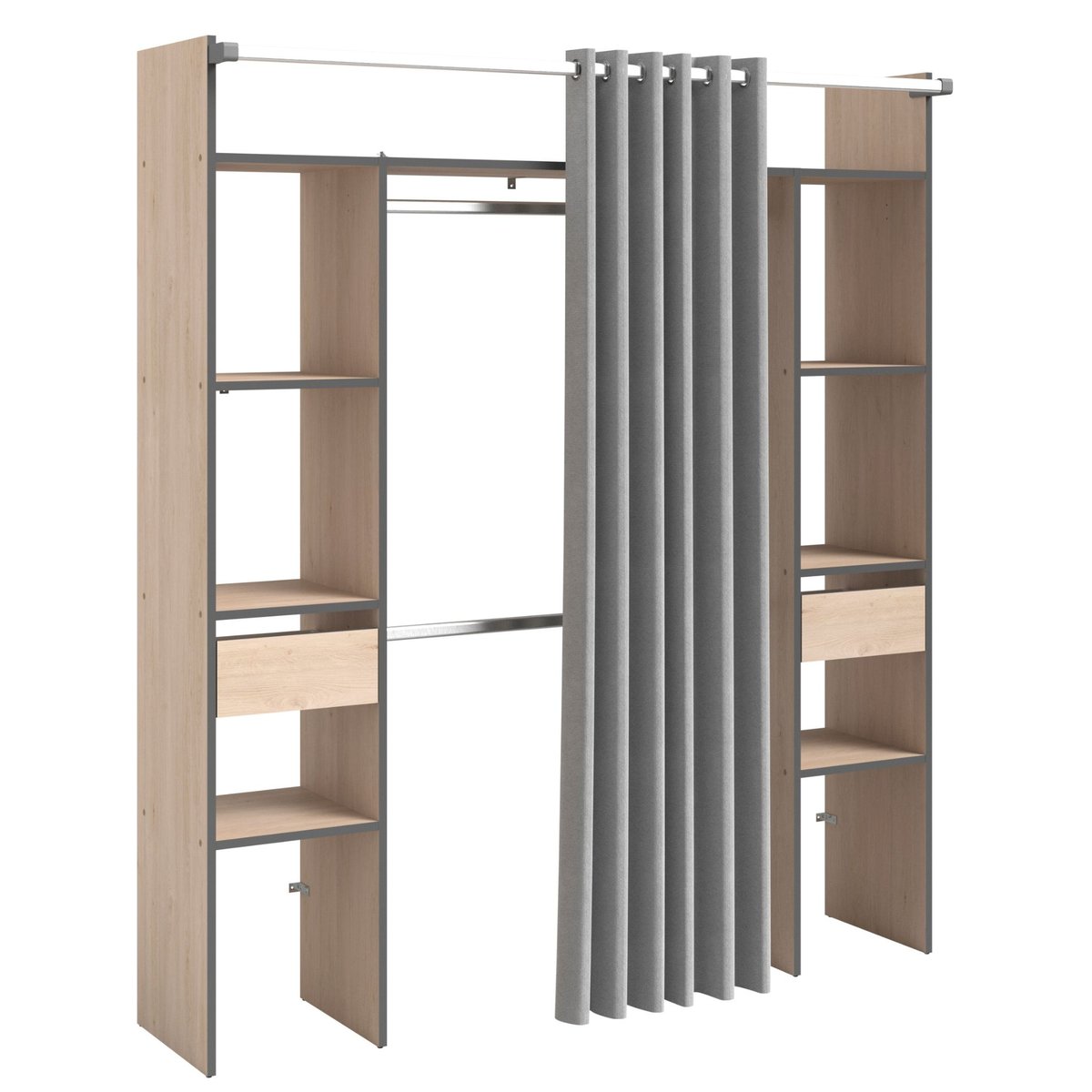 Dressing  2 colonnes coloris bois naturel avec rideau et détails bois naturel, TERRE DE NUIT