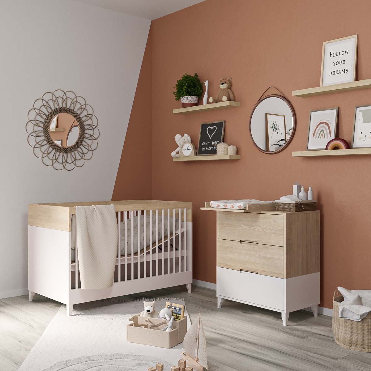 Mini Chambre bébé DIXIE blanc et bois, AKITEN RETAIL