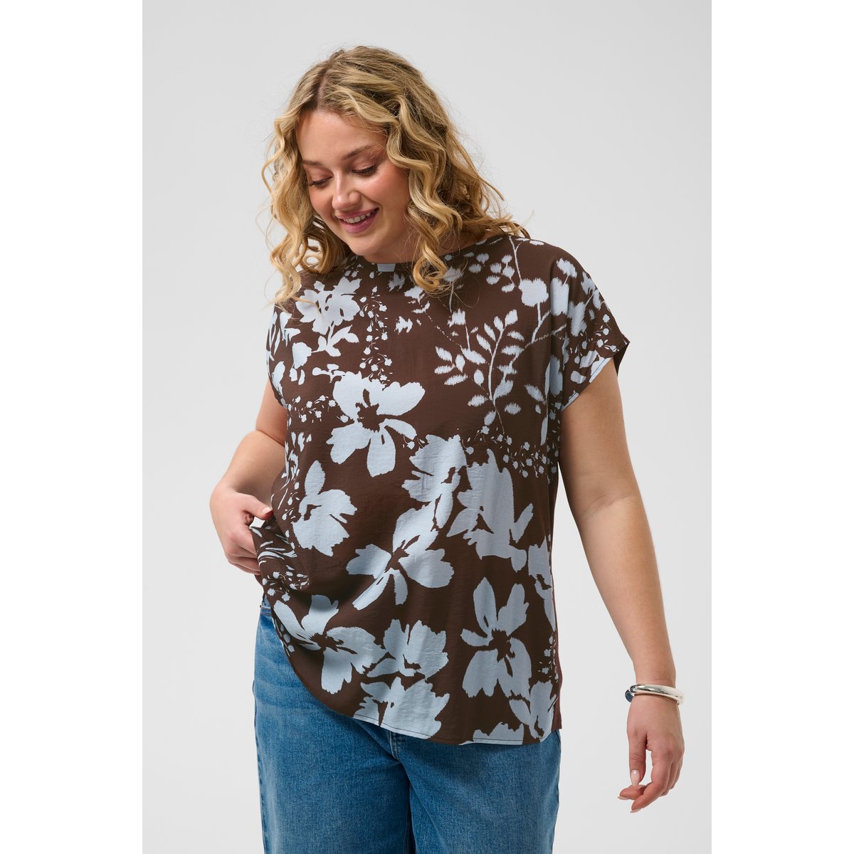 Blouse à manches longues marron coffee bean/blue fog flower, KAFFE CURVE