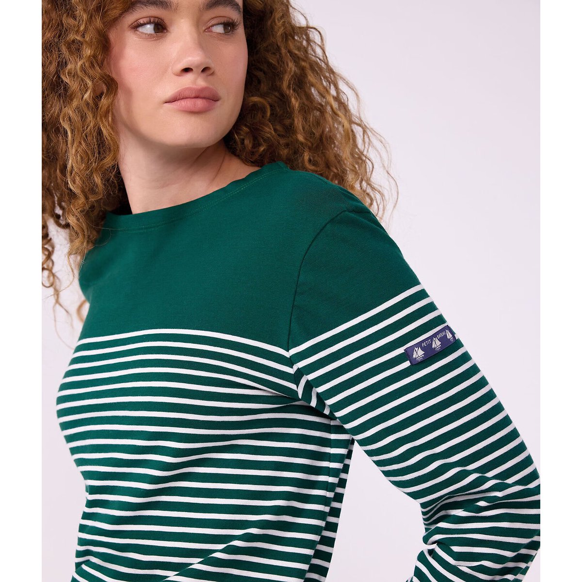 Camiseta a rayas, manga larga verde/blanco, PETIT BATEAU